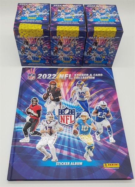 3x Panini NFL Football Sticker Box 2022 - 50 Packs mit 250 Stickern + Hardcover 